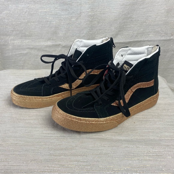 Vans SK8 Hi Zip Rose Gold Glitter Black Skate Shoes Sneakers Little Kids Size 6 - Picture 4 of 7